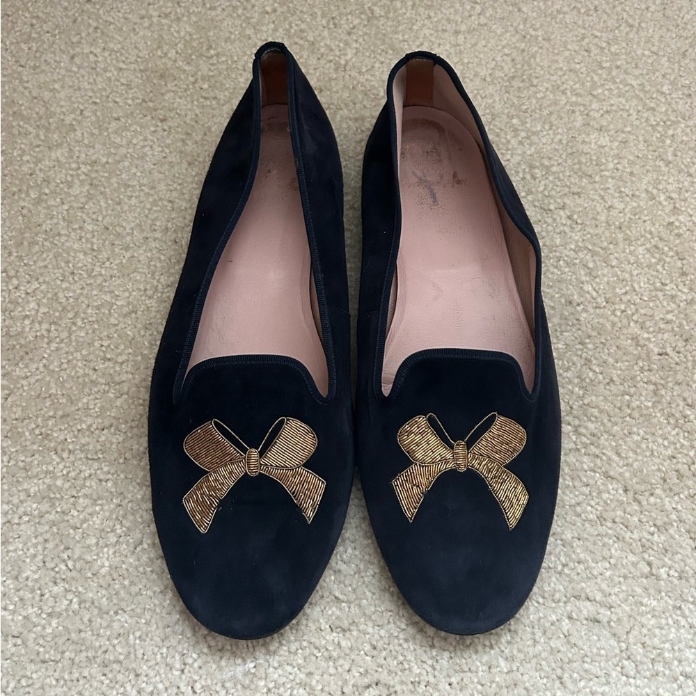 Pretty Ballerinas Navy Blue Suede Loafers Gold Bow Size 40